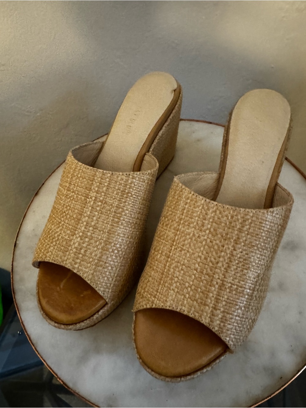 Chocolat Blu Tan Woven Slide Wedge Mules